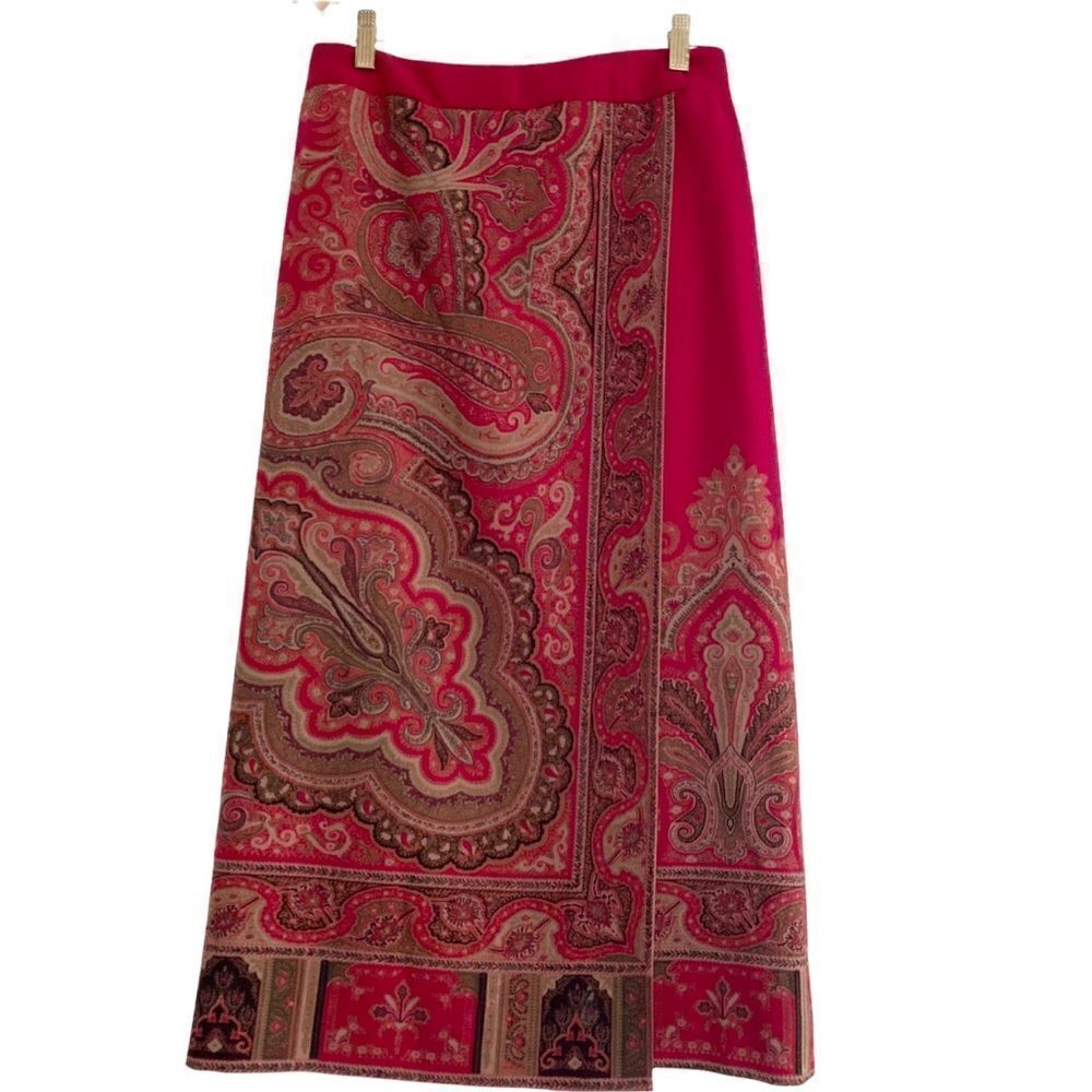 Talbots Vintage Paisley Wool Midi Wrap Skirt Red, Tan + Black